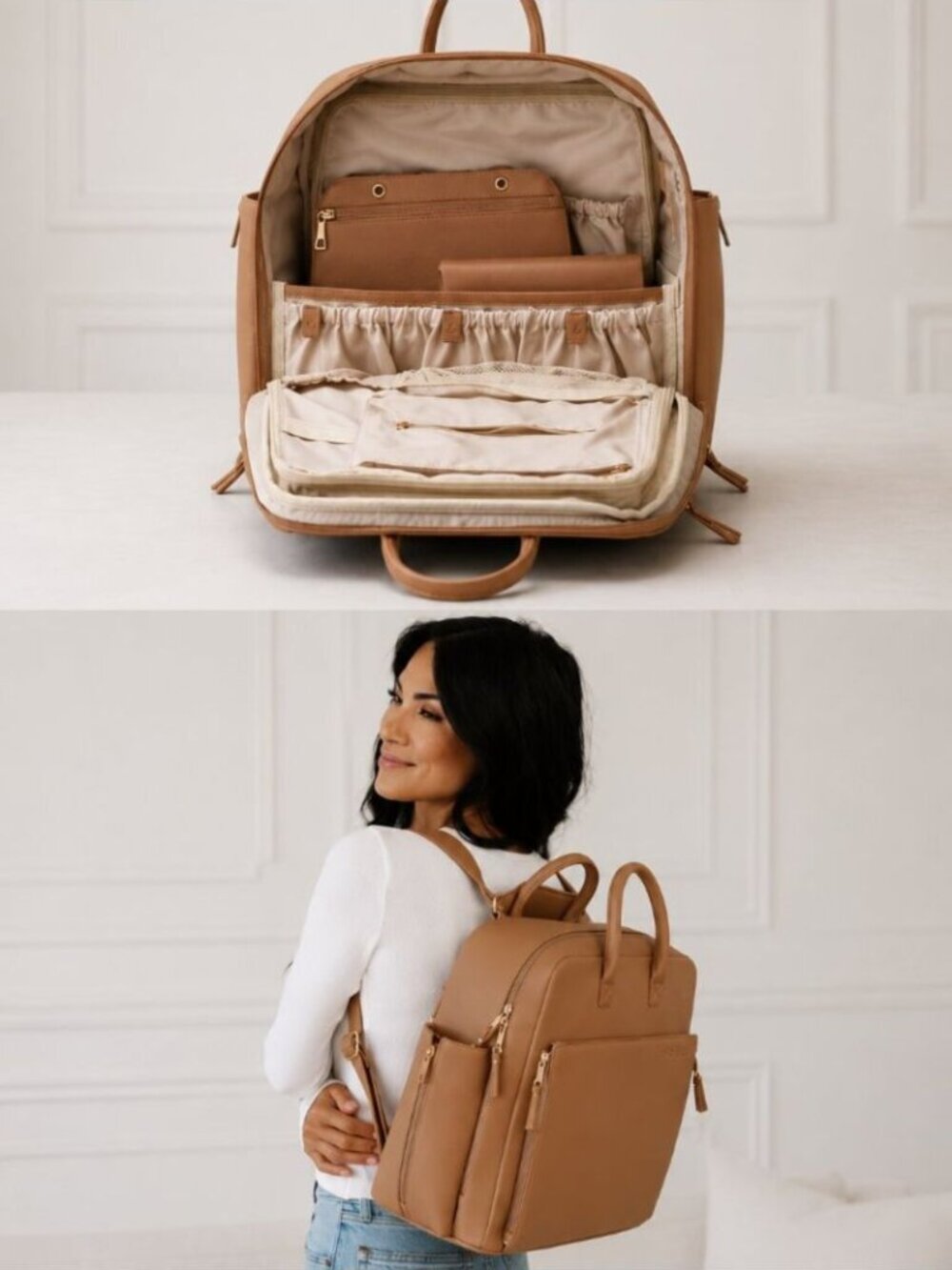 Ayla & Co The Ayla Diaper Bag Backpack Vegan Leather Baby Bag Caffe Tan Brown